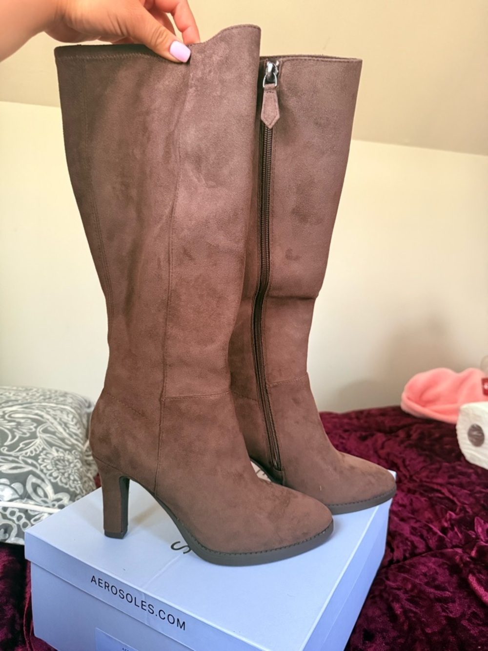 AEROSOLES Brown Suede Knee-High Heeled Boots with Side Zip